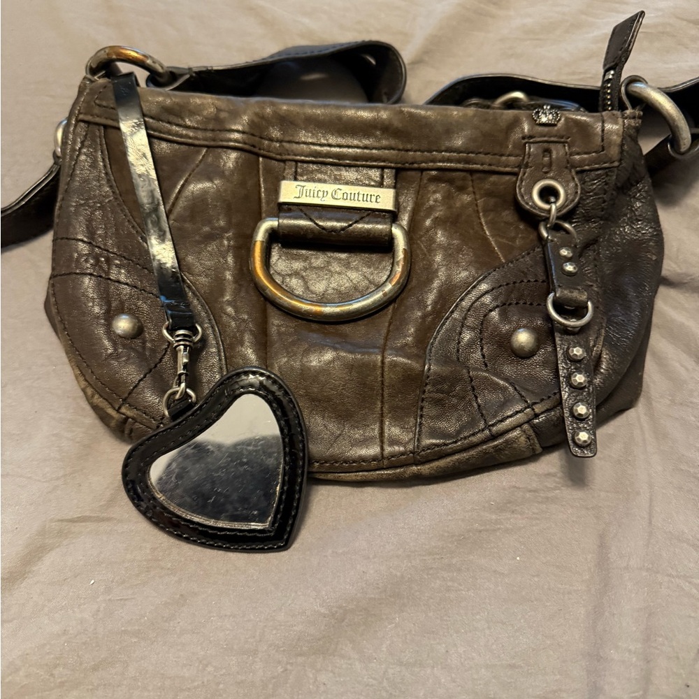 Vintage 2005 Juicy Couture Leather Mini Hobo Bag with Heart Mirror